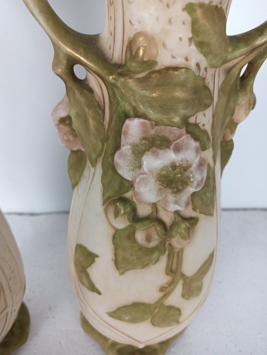 Royal Dux, Pair Vases Faience, Art Nouveau 1900 Antique Bohemia Austria Marked photo 162.0