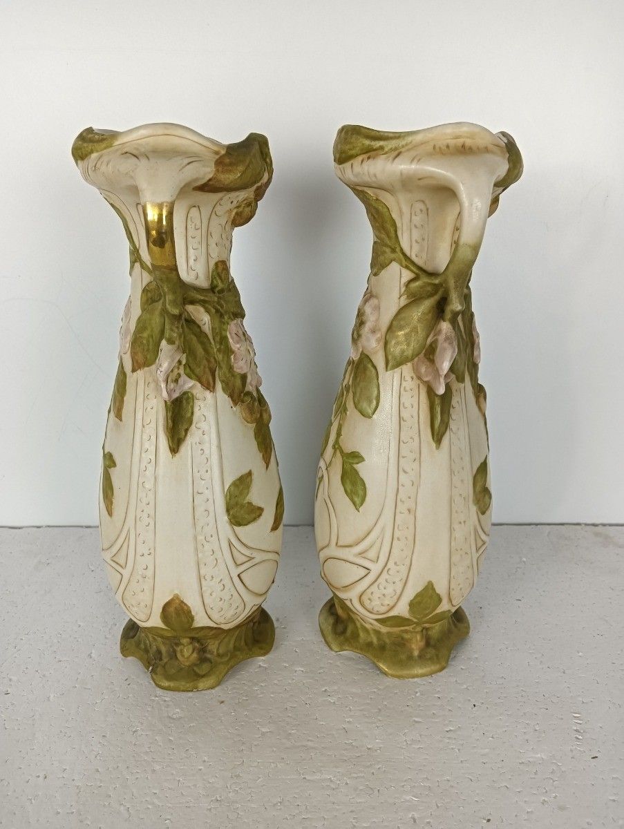 Royal Dux, Pair Vases Faience, Art Nouveau 1900 Antique Bohemia Austria Marked photo buy