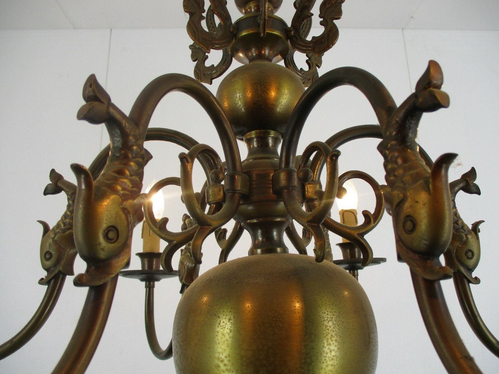 Flemish Dutch Chandelier 6 Arm Lights Brass  Fish Seahorses Countryhouse Vintage photo for sale