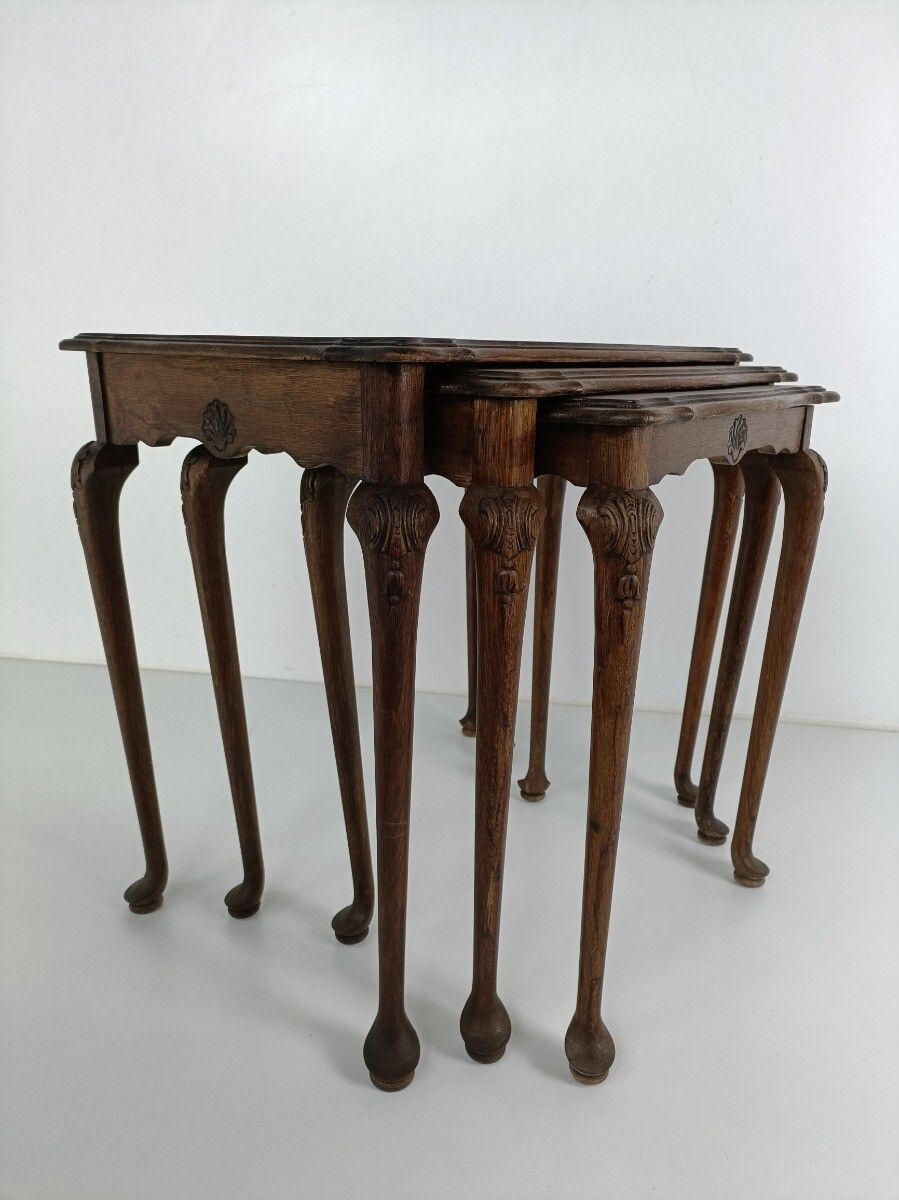 Set Of 3 Wood Stacking Nesting Tables Louis XV Style Mid Century Modernist Ornat photo for sale