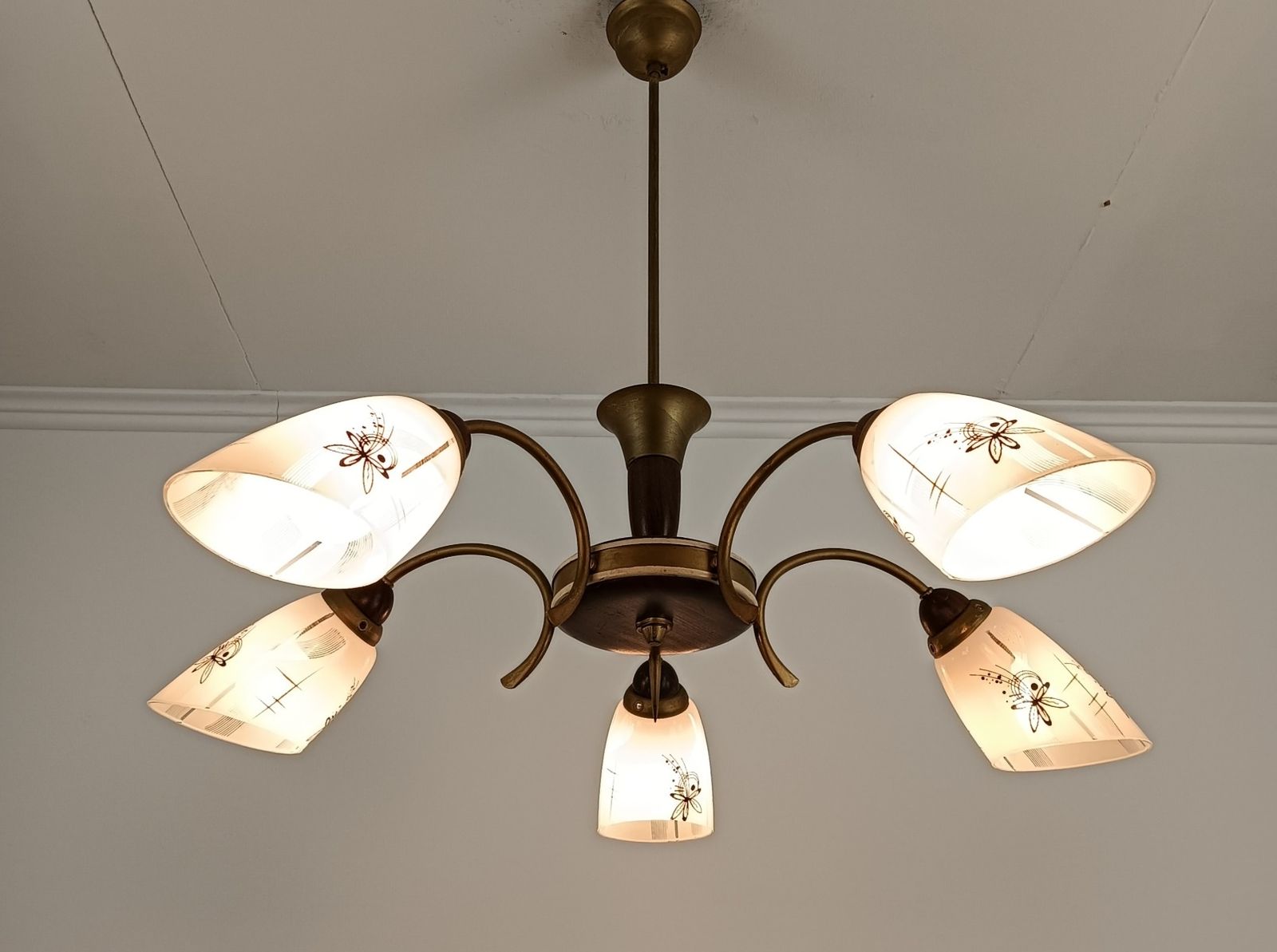 Spider Chandelier Art Glass Shades With Butterflies Teak Brass 5 Arm Vintage Pop photo for sale
