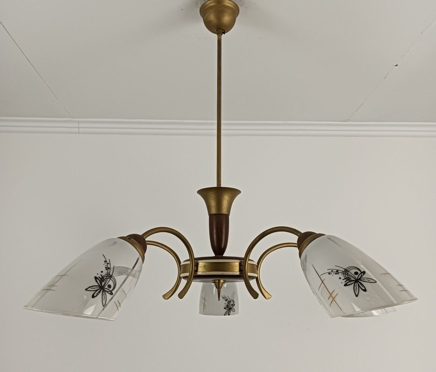 Spider Chandelier Art Glass Shades With Butterflies Teak Brass 5 Arm Vintage Pop photo buy