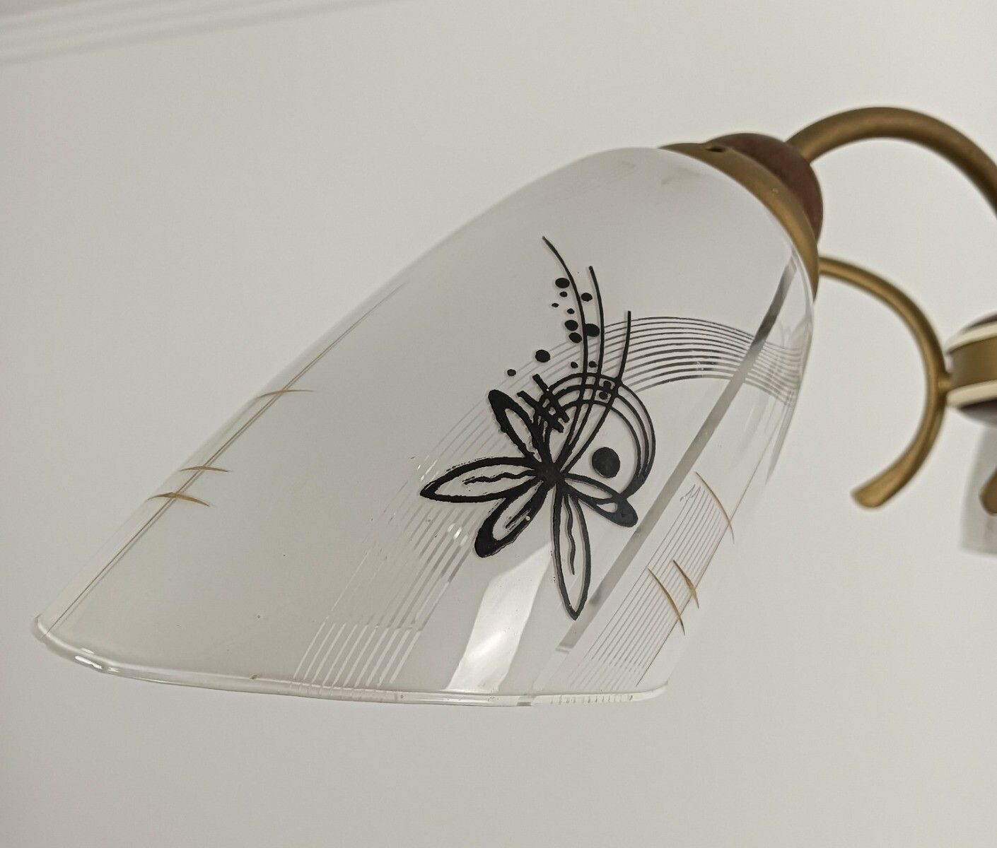 photo for sale Spider Chandelier Art Glass Shades With Butterflies Teak Brass 5 Arm Vintage Pop