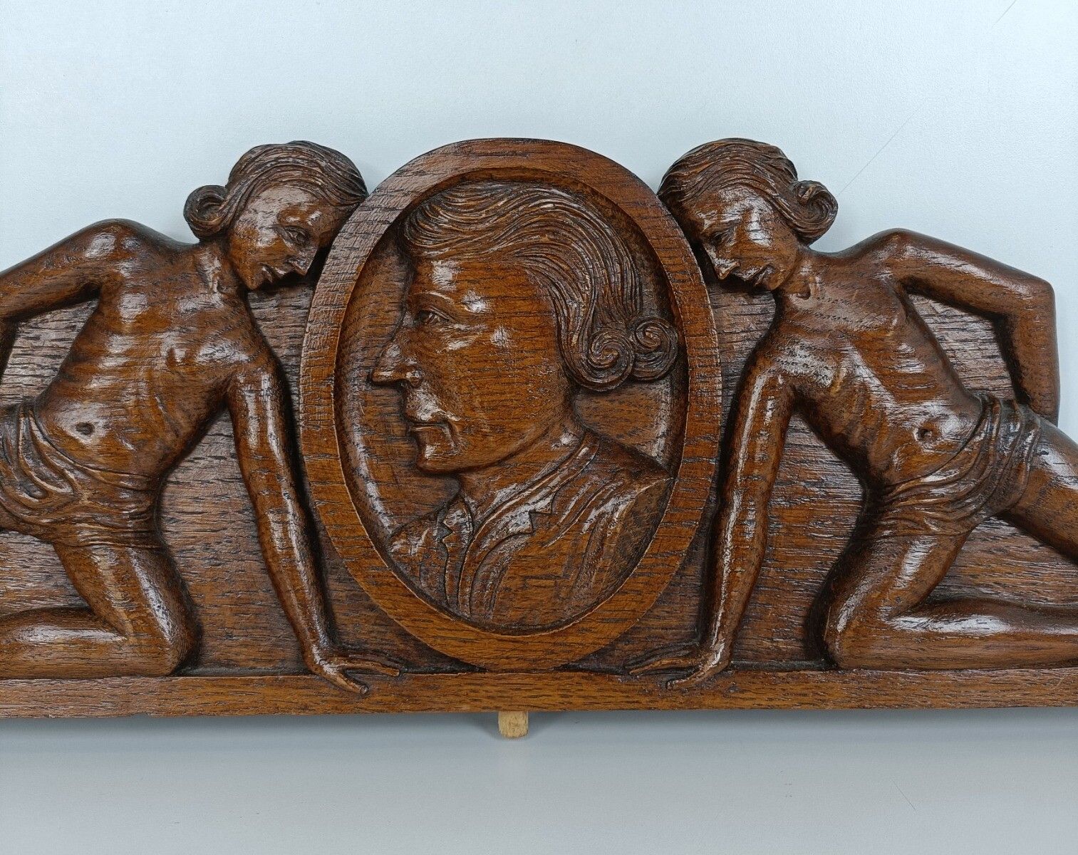 Hand Carved Wooden Pediment Over Door Architectural Antique Figurines Faces photo vinterior