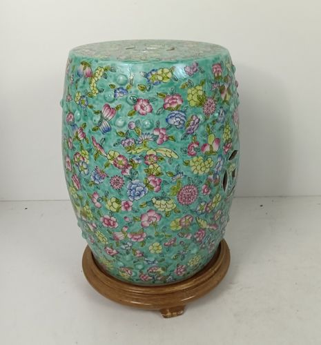Chinese Family Rose Porcelain Green Vintage Garden Stool Seat On Wooden Base Gor photo vinterior