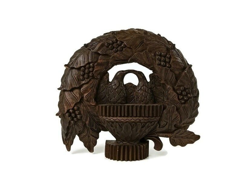 19th Century Hand Carved Wood Ornate Pediment Corbel Pelicans Grapes Architectur