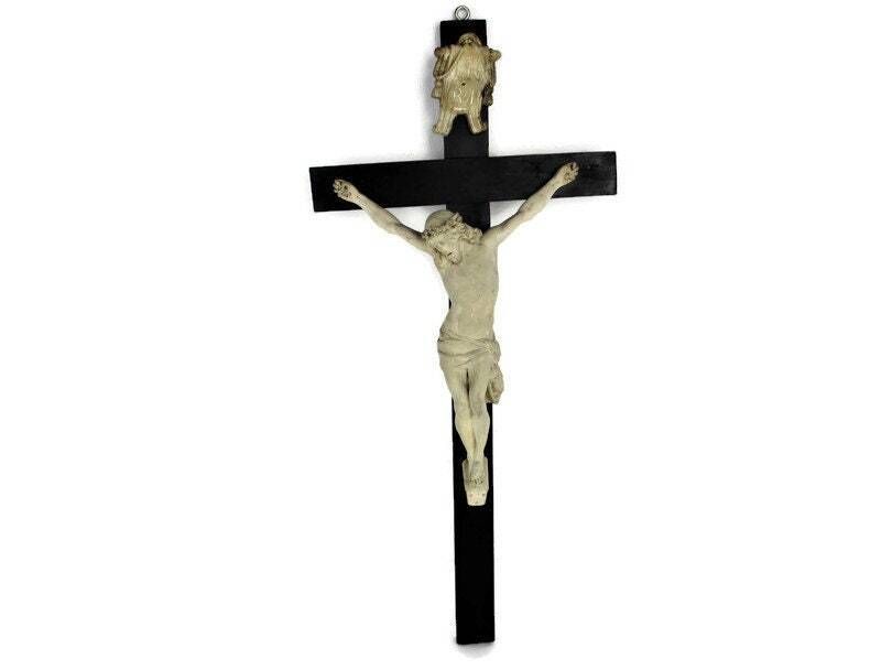 Large Hand Carved Wood Church Chapel  Hanging Ornate Crucifix Plaster  Dramatic