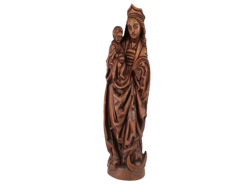 Large Hand Carved Wooden Madonna With Infant Crescent Moon Virgin Mary Sculpture