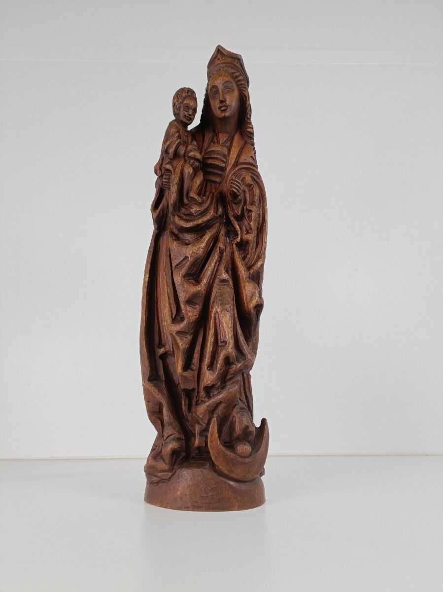 Large Hand Carved Wooden Madonna With Infant Crescent Moon Virgin Mary Sculpture photo for sale