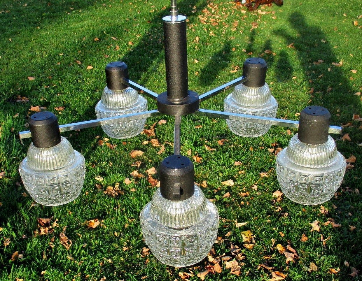 Mid Century Danish Modern Chandelier Chrome Glass Shades Vintage 5 Lights photo for sale