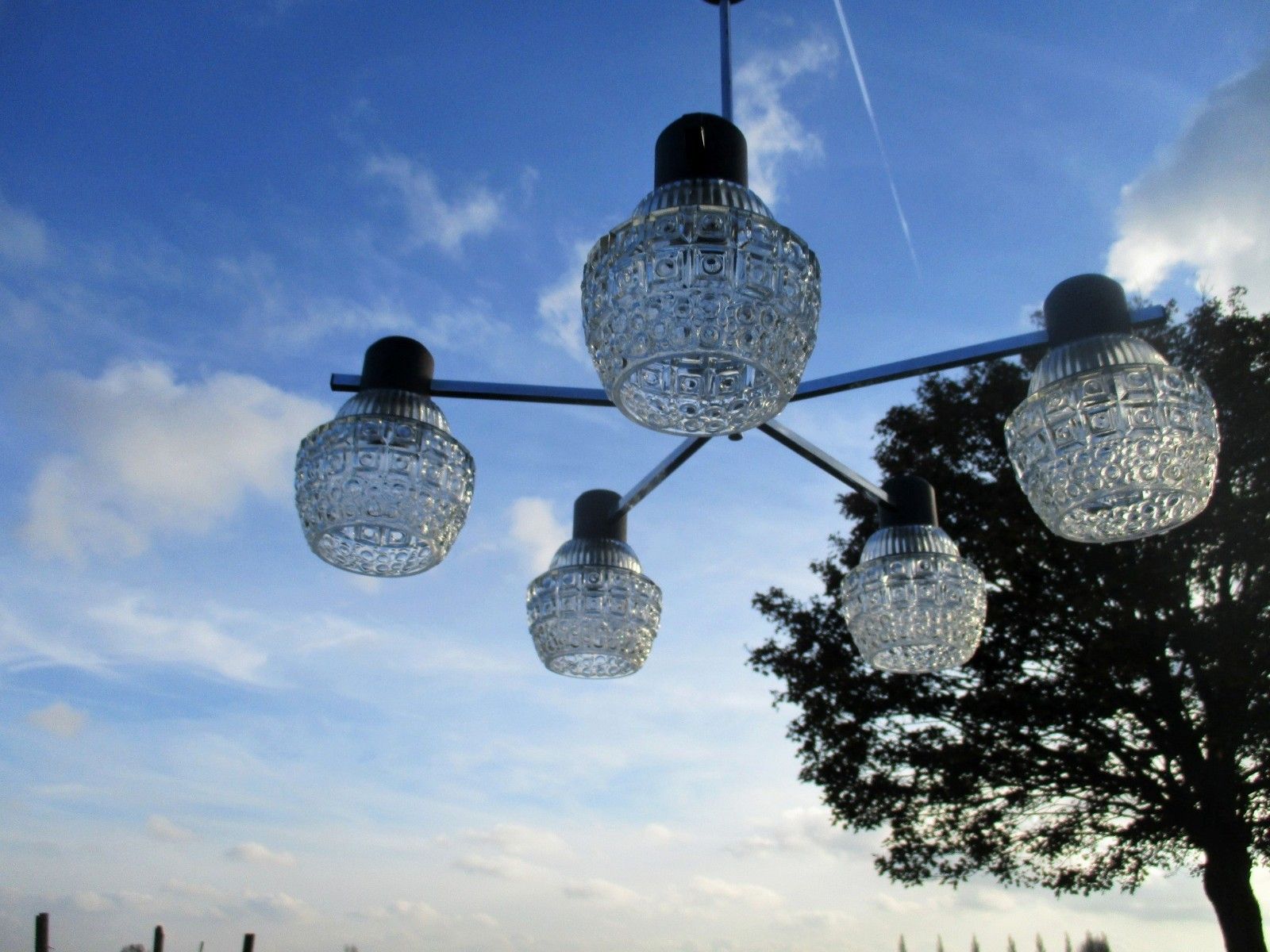 Mid Century Danish Modern Chandelier Chrome Glass Shades Vintage 5 Lights photo vintage