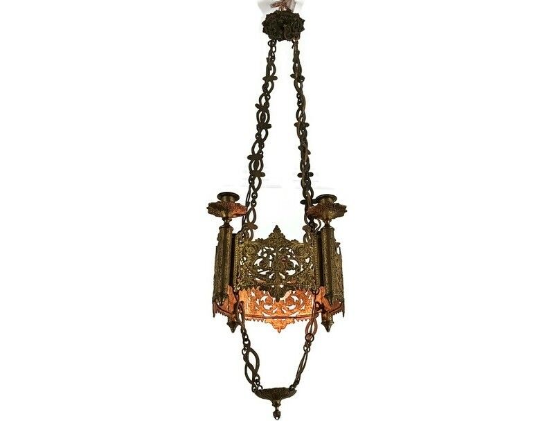 Antique Brass Dore Gods Lamp Light Ceiling Fixture Chandelier Pendant For 4 Cand