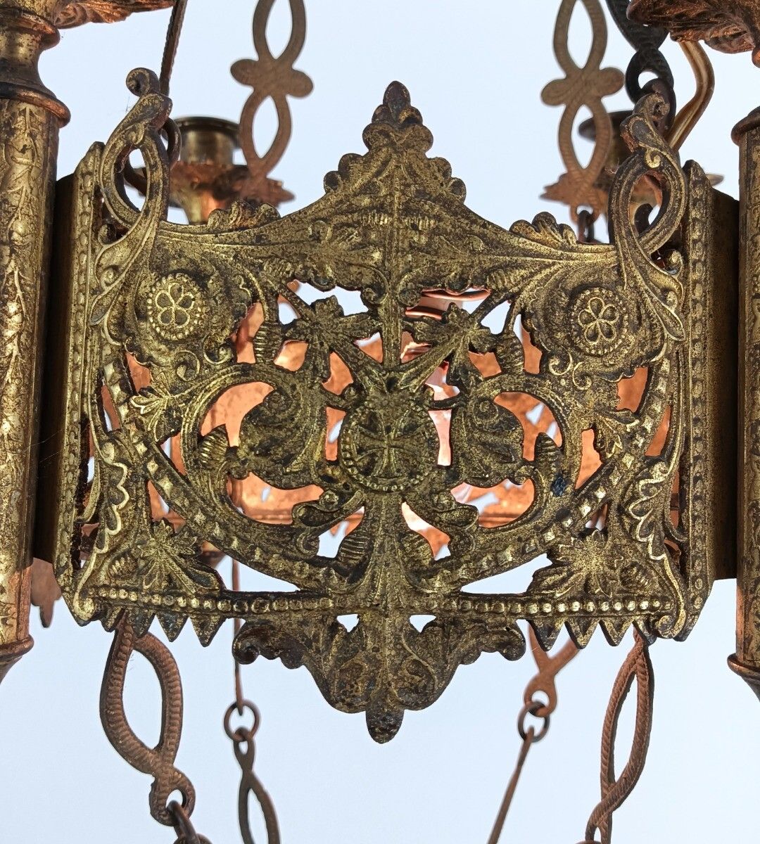 Antique Brass Dore Gods Lamp Light Ceiling Fixture Chandelier Pendant For 4 Cand photo for sale
