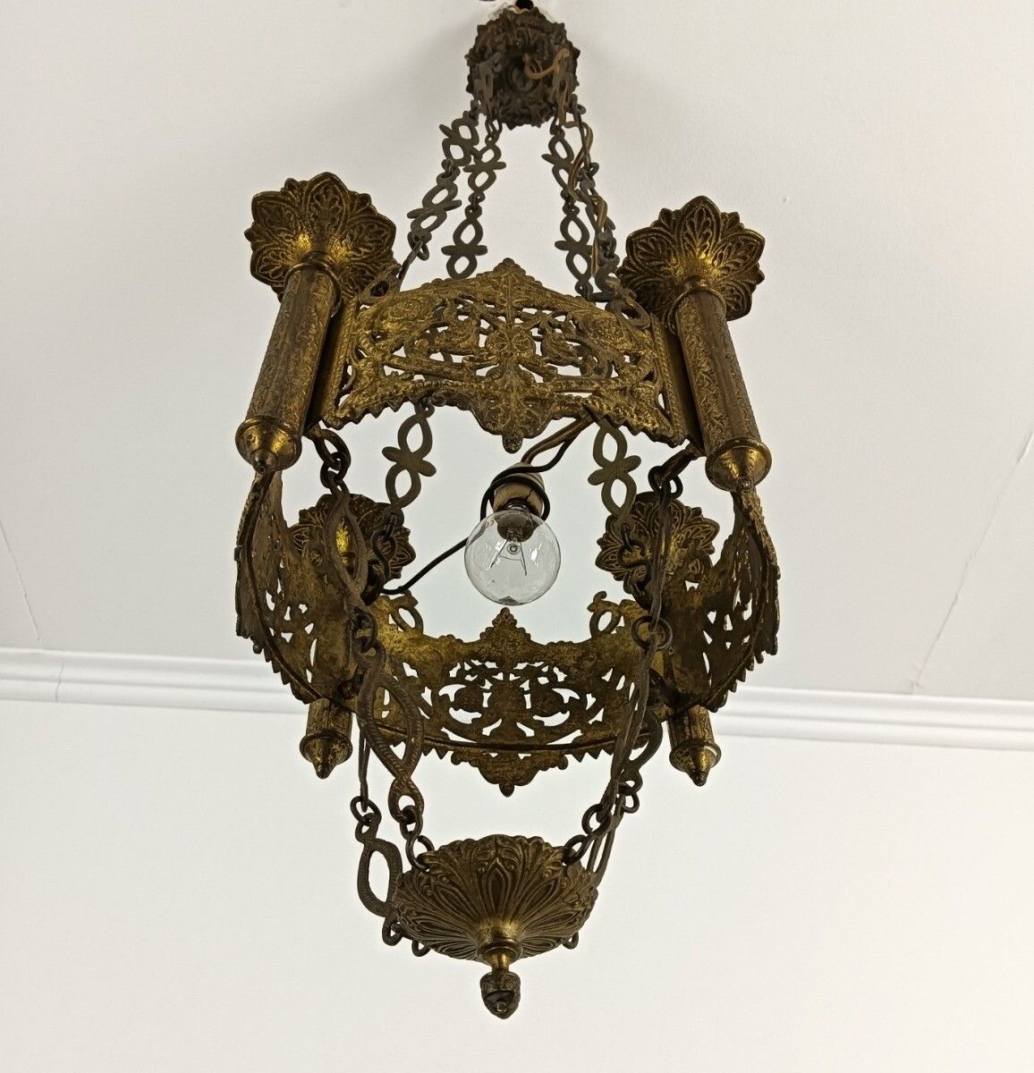 Antique Brass Dore Gods Lamp Light Ceiling Fixture Chandelier Pendant For 4 Cand photo vinterior