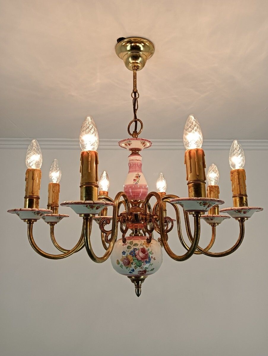 Romantic Italian Chandelier  Pink Porcelain Flower Pattern Brass 8 Lights Arm VI photo furniture