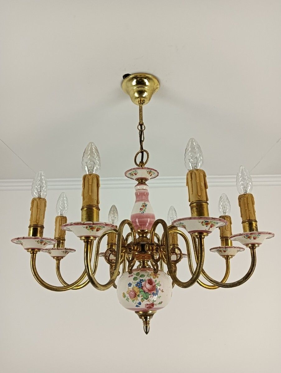 Romantic Italian Chandelier  Pink Porcelain Flower Pattern Brass 8 Lights Arm VI photo for sale