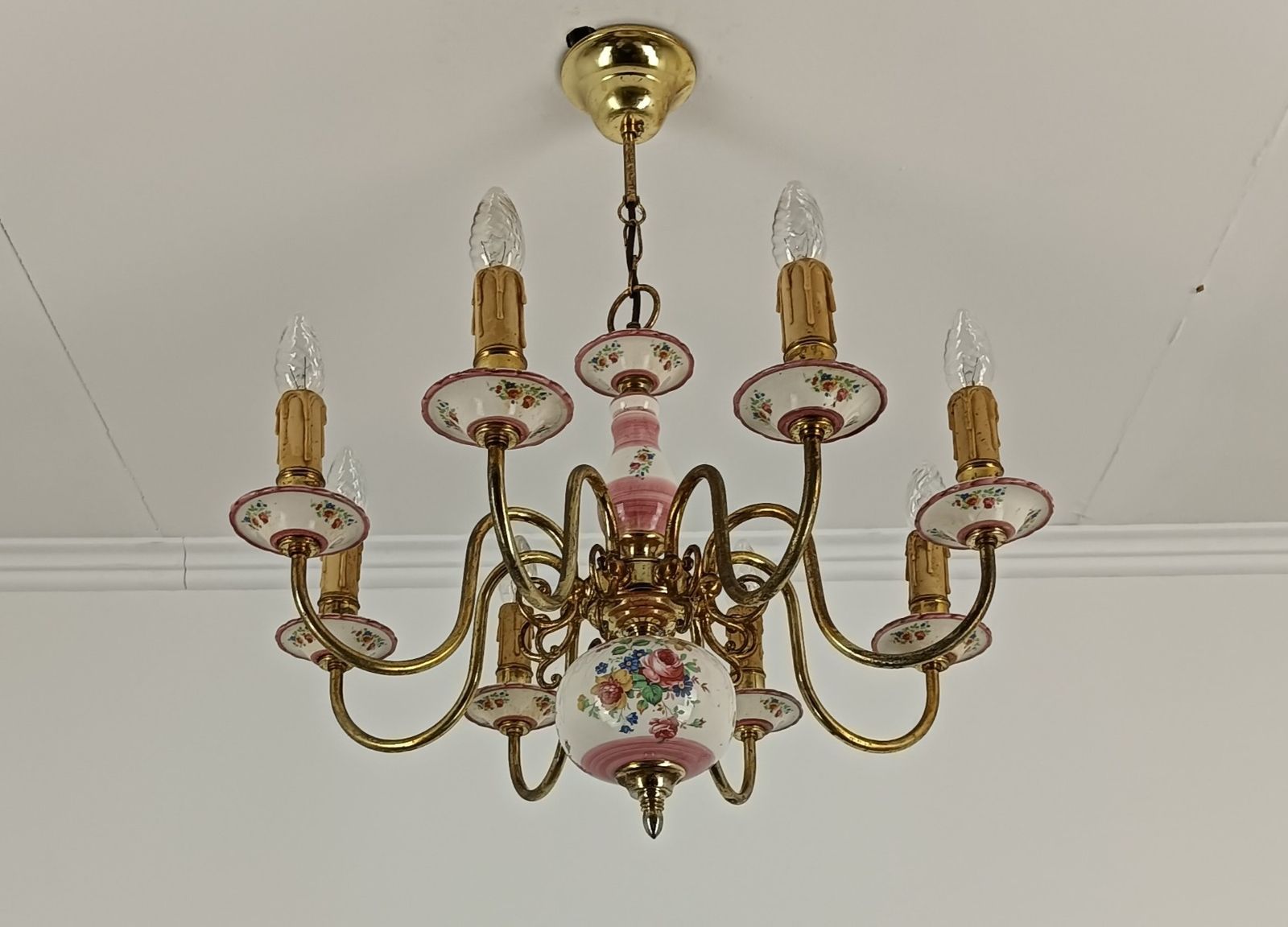 Romantic Italian Chandelier  Pink Porcelain Flower Pattern Brass 8 Lights Arm VI photo vinterior