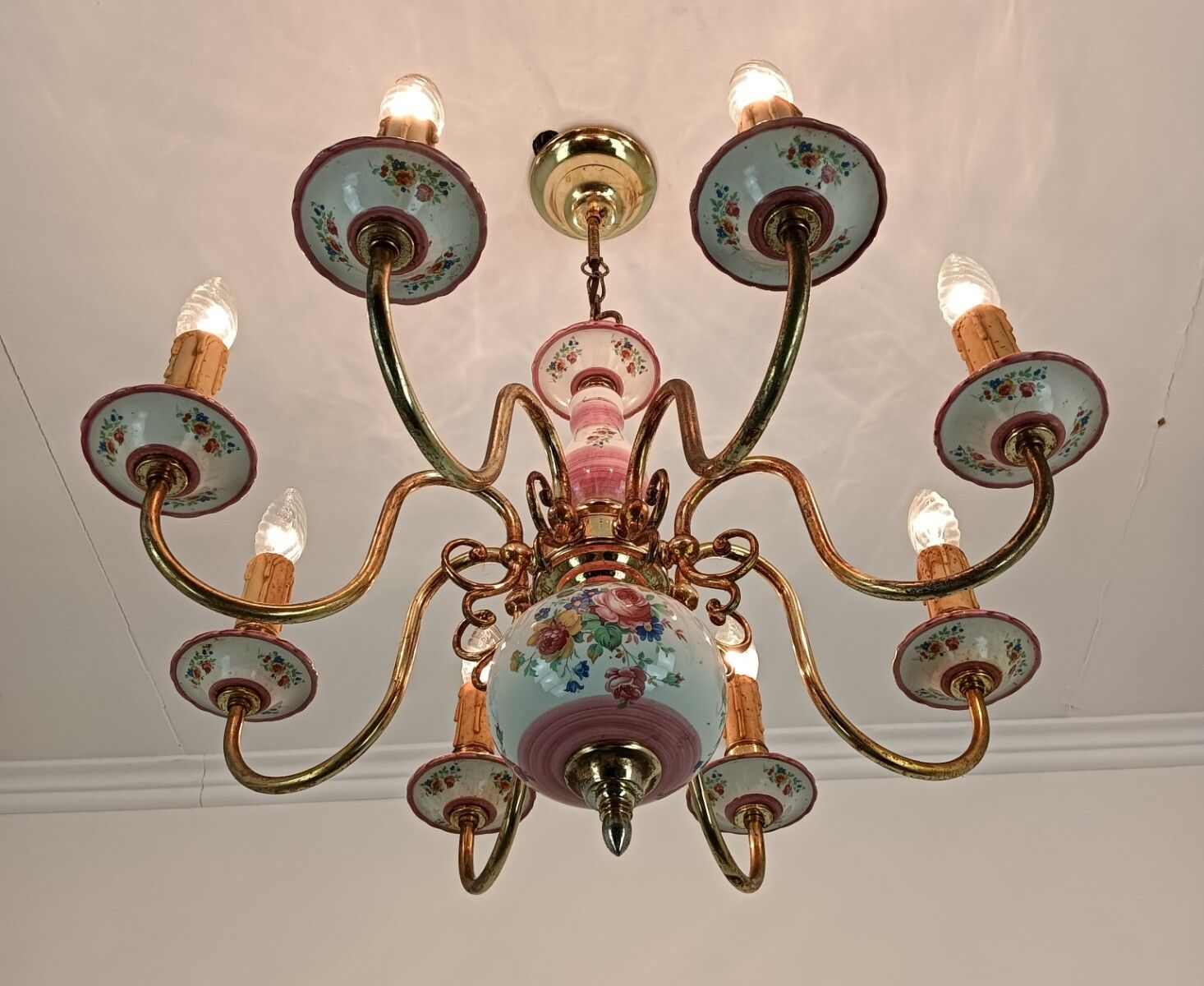 324.0 Romantic Italian Chandelier  Pink Porcelain Flower Pattern Brass 8 Lights Arm VI photo