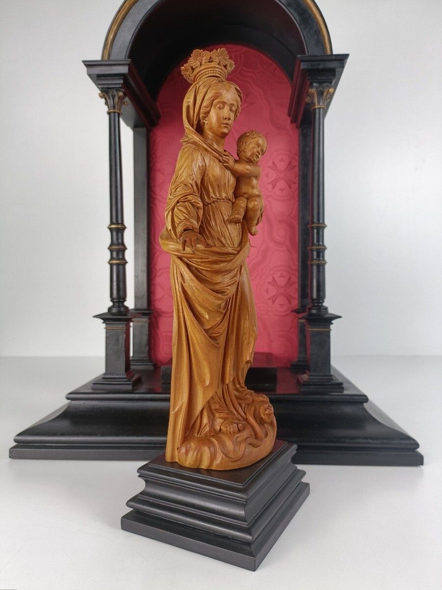 Black Lackered Antique Chapel Niche With Pillars Madonna Virgin Mary Statue Waln photo vinterior