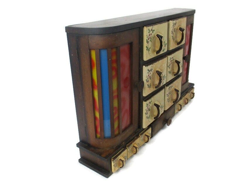 Art Deco Nouveau  Kitchen Spice Rack Cabinet Pop Art Herbs Spices  Jars Colored