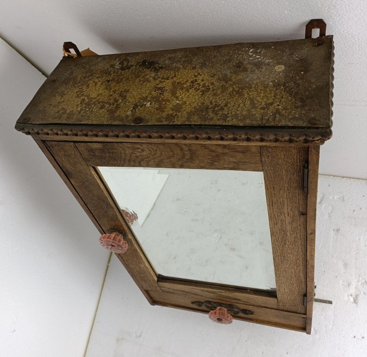 Art Deco Hanging Medicine Apothecary Cabinet Kitchen Bathroom Carved Wood Bevele photo for sale