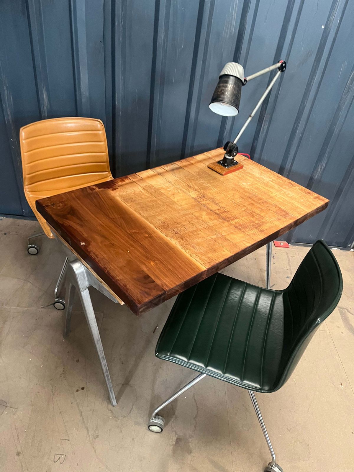 1950s James Leonard Compass Leg Desk With Reclaimed Oak Top