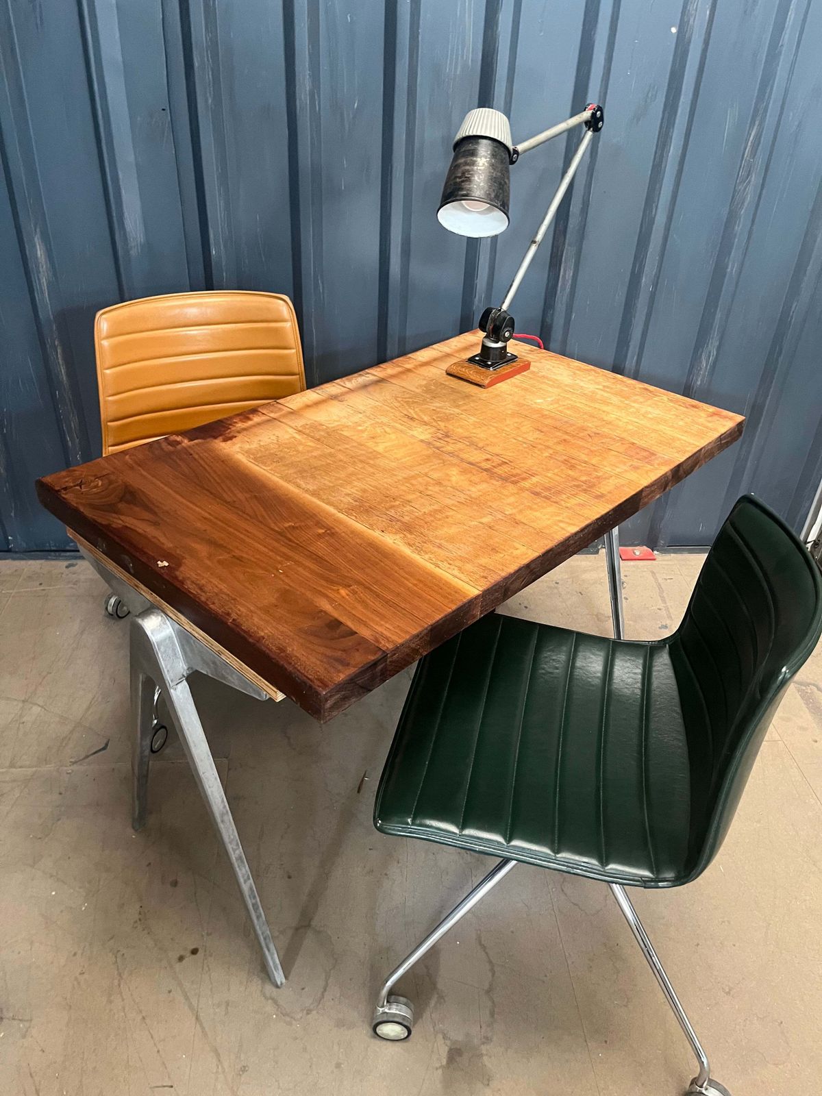 1950s James Leonard Compass Leg Desk With Reclaimed Oak Top photo furniture