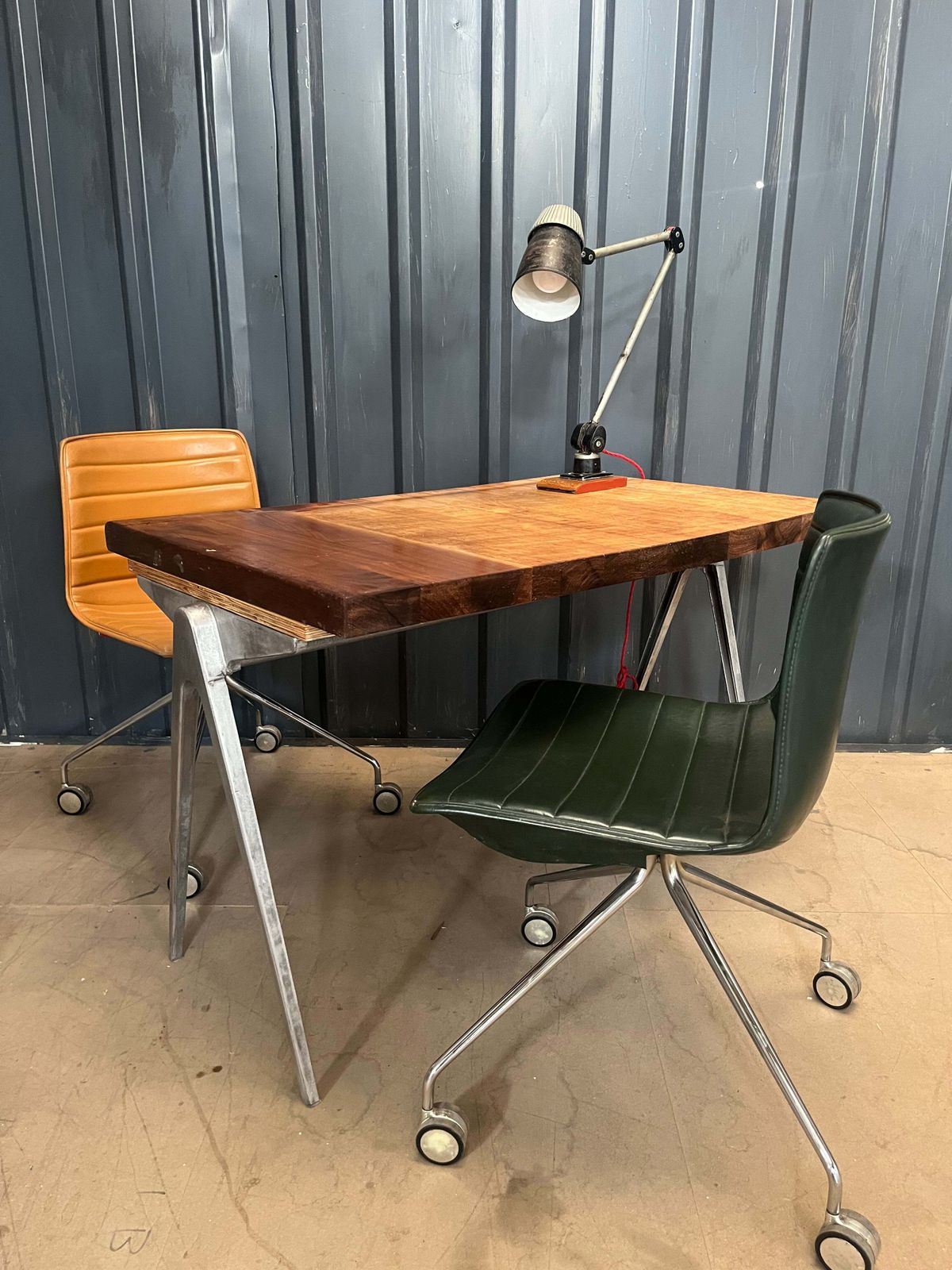 1950s James Leonard Compass Leg Desk With Reclaimed Oak Top photo vinterior