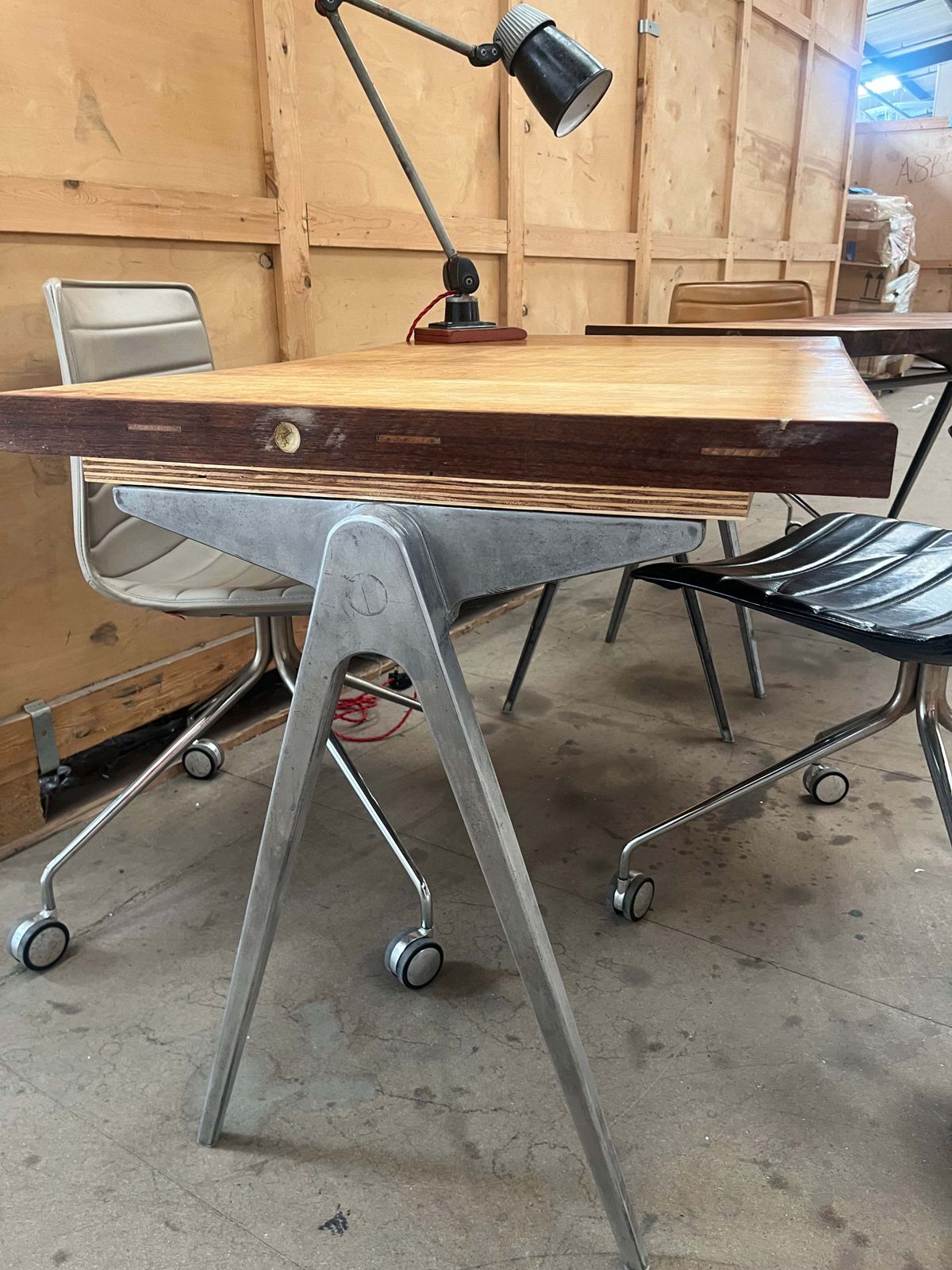 1950s James Leonard Compass Leg Desk With Reclaimed Oak Top photo vintage