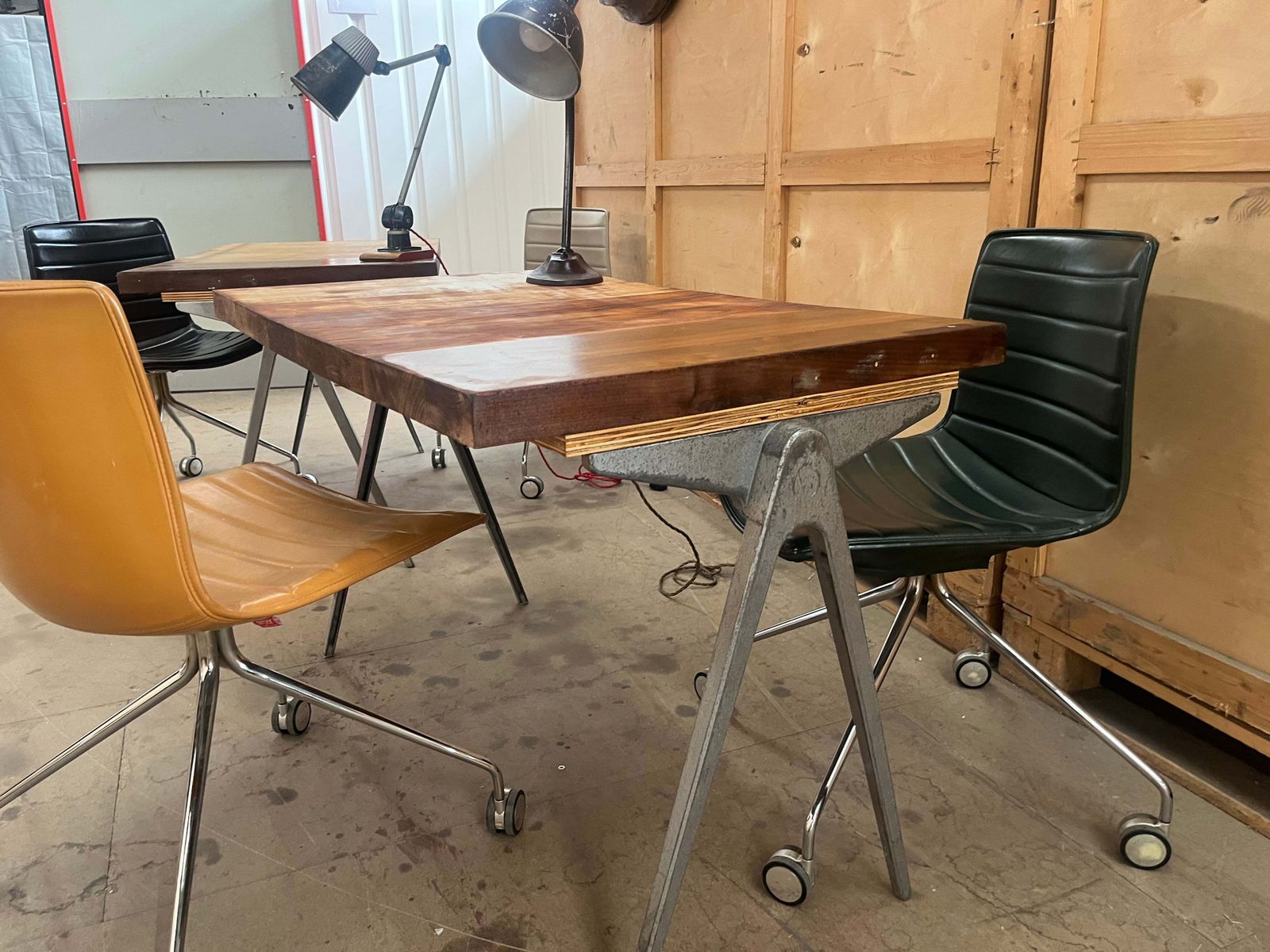 Furniture 1950s James Leonard Compass Leg Desk With Reclaimed Oak Top photo