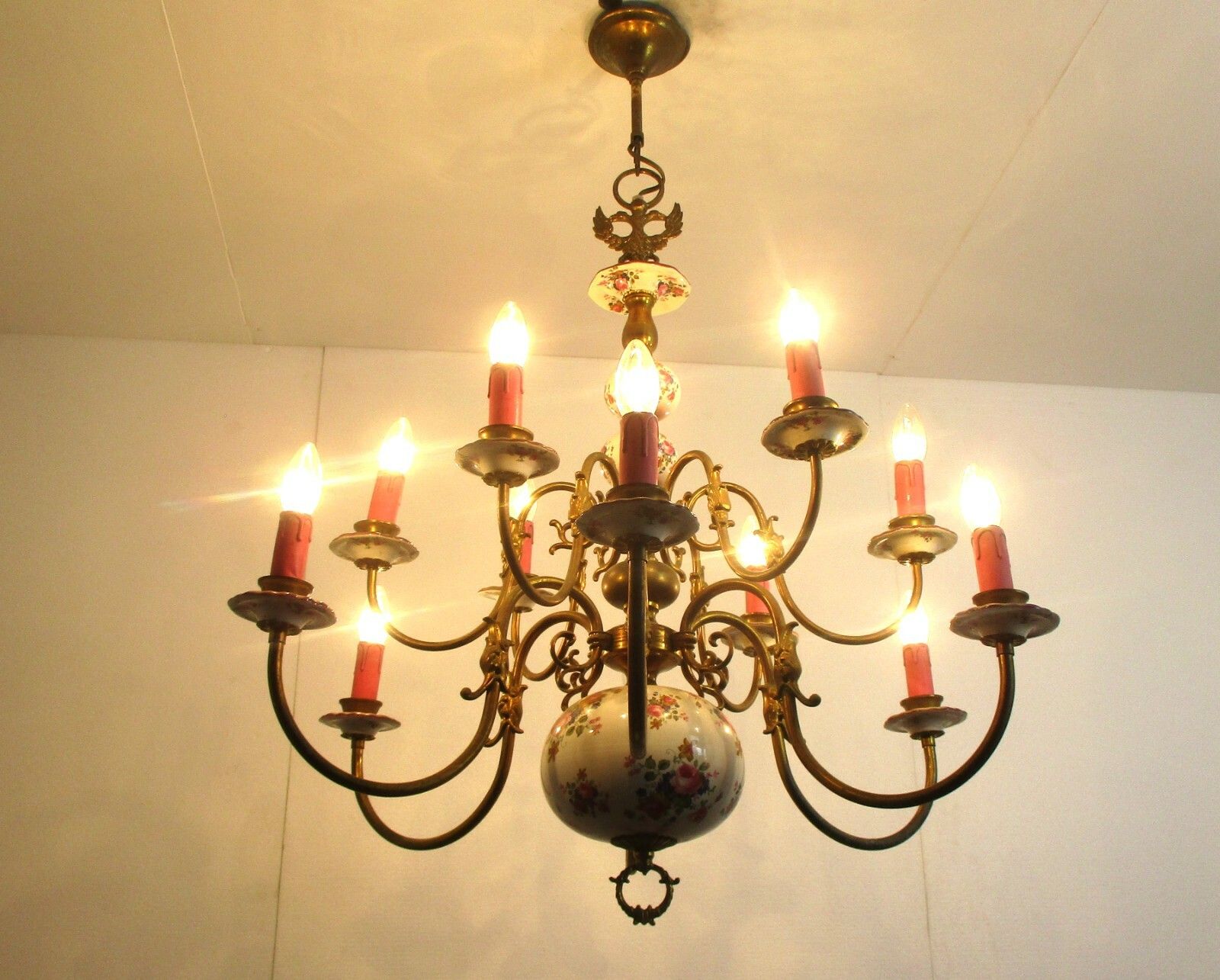 Large Flemish Dutch  Chandelier 12 !Arms Lights Ceramic Brass Italian Style photo 557.0