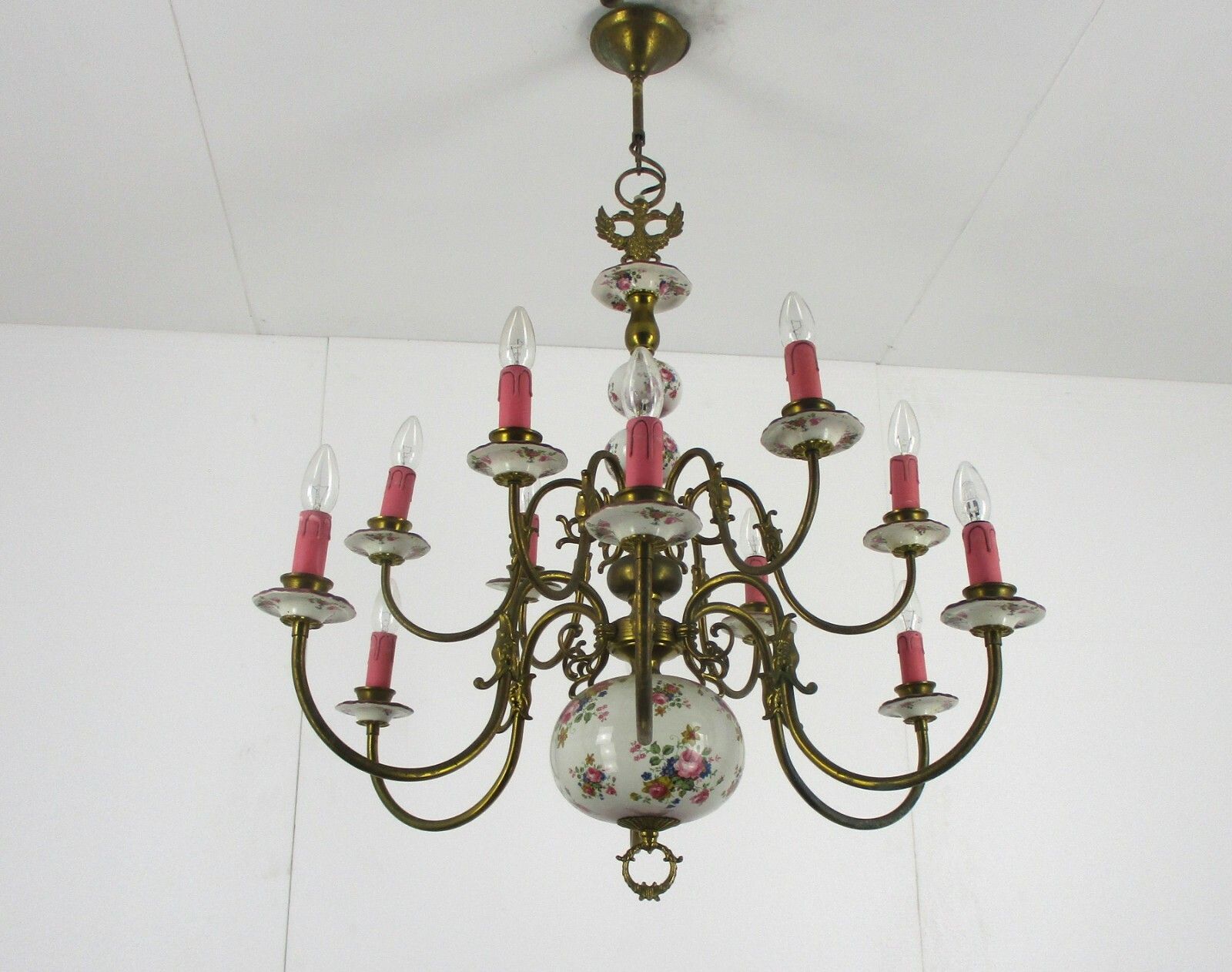 Large Flemish Dutch  Chandelier 12 !Arms Lights Ceramic Brass Italian Style photo vinterior