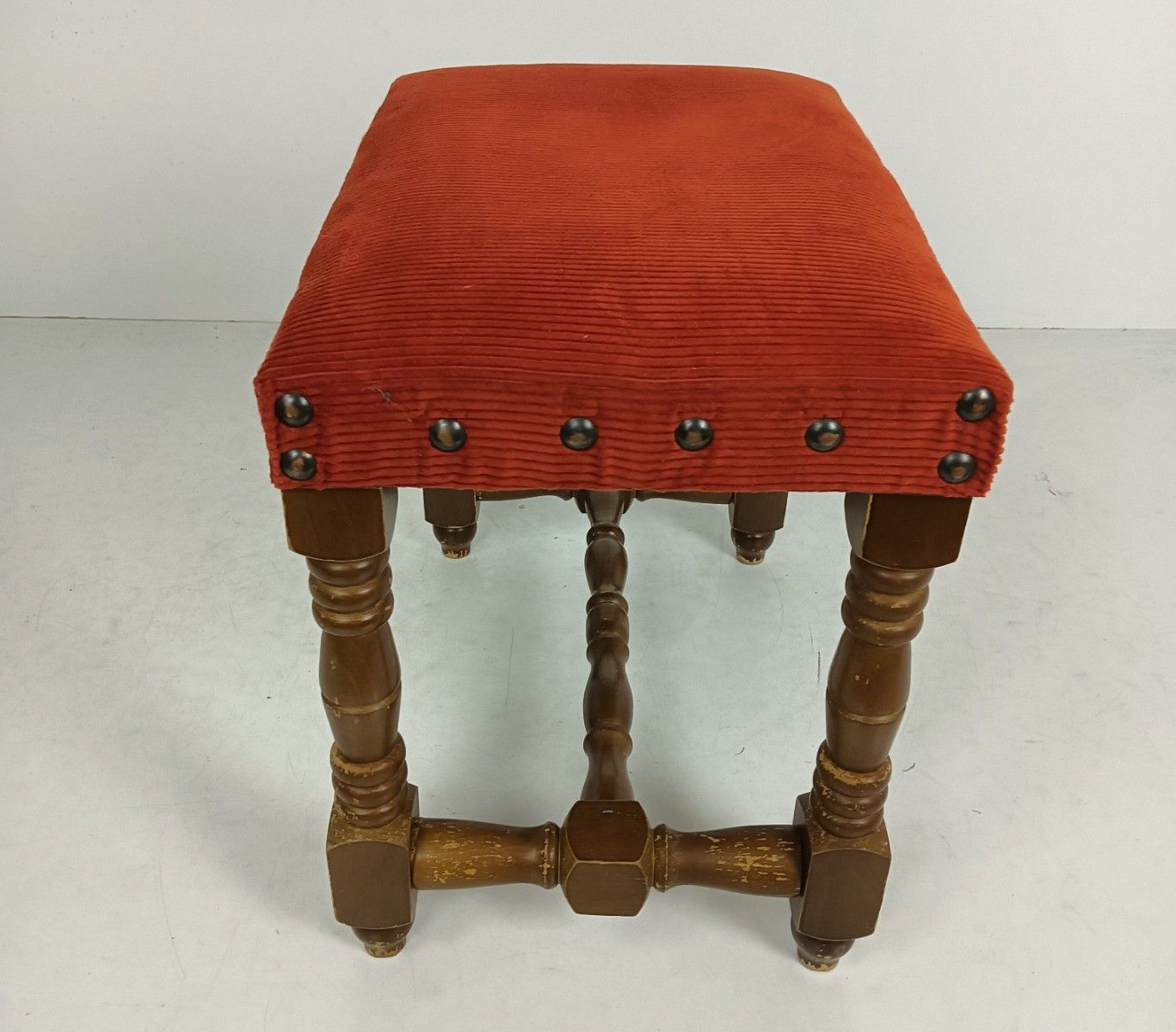 Vintage Footstool Foot Rest Ottoman Red Fabric Hobnails Wood photo for sale