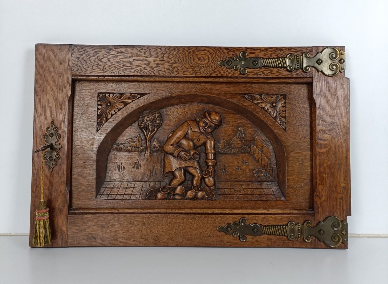 Vintage Carved Wood Door Panel Brass Trims Breughel Style Architectural Salvaged photo furniture