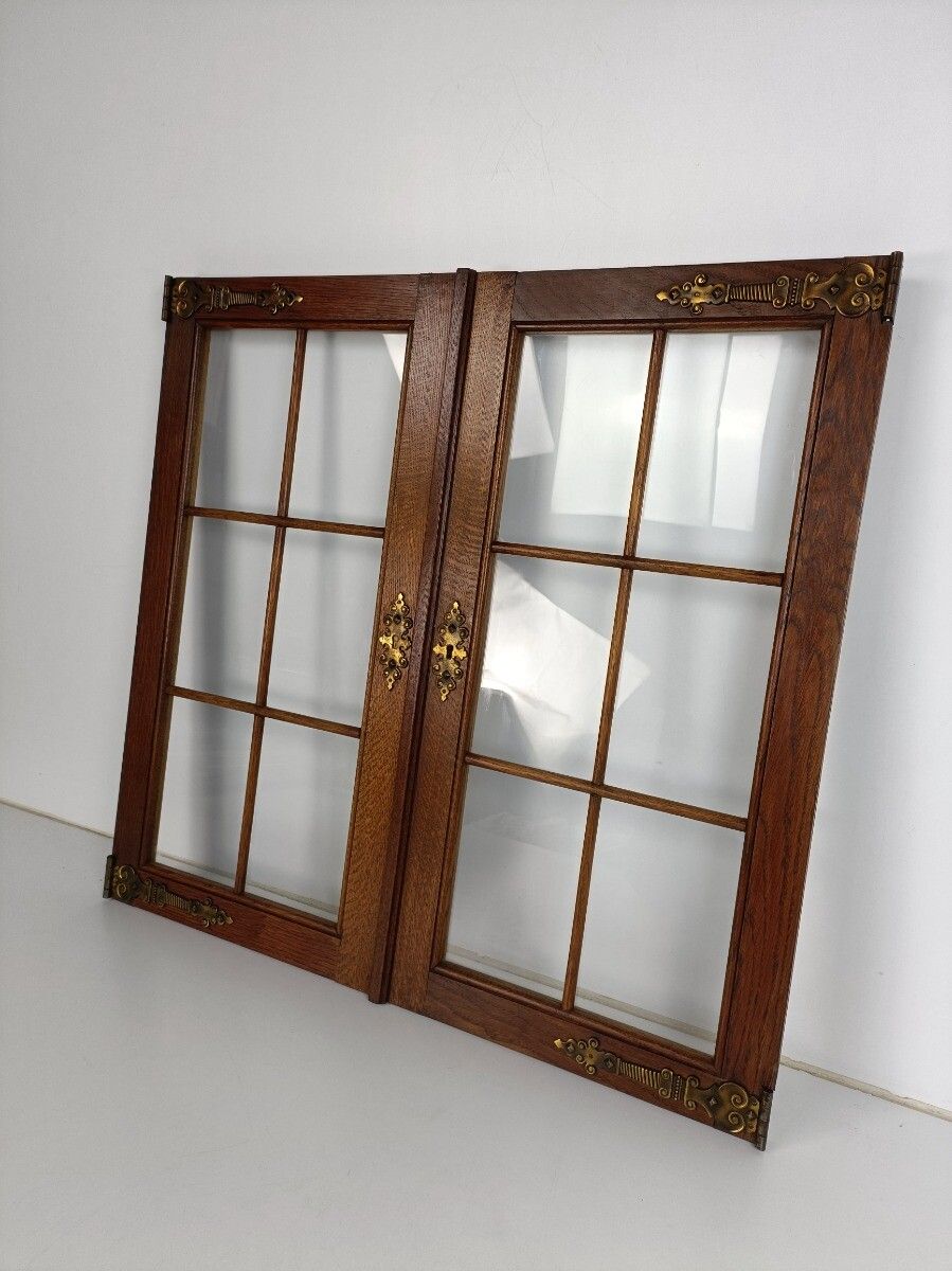 Hand Carved Wooden Door Panels Brass Trim Parts  Glass Pair Antique Reclaimed Sa photo Home Fixtures