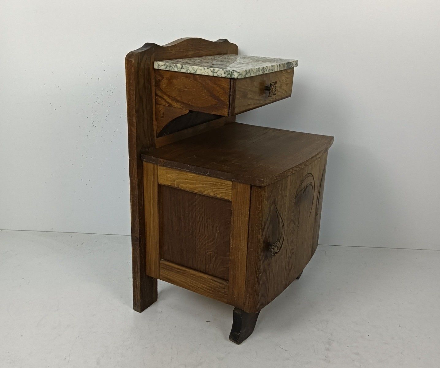 Lovely Art Deco Nightstand Carved Wood Marble Top Bedside Table Cabinet Very Swe photo Furniture