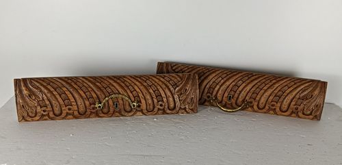 Two Ornate Carved Wooden Pediment Cabinet Doors Brass Handle Architectural Salva photo furniture