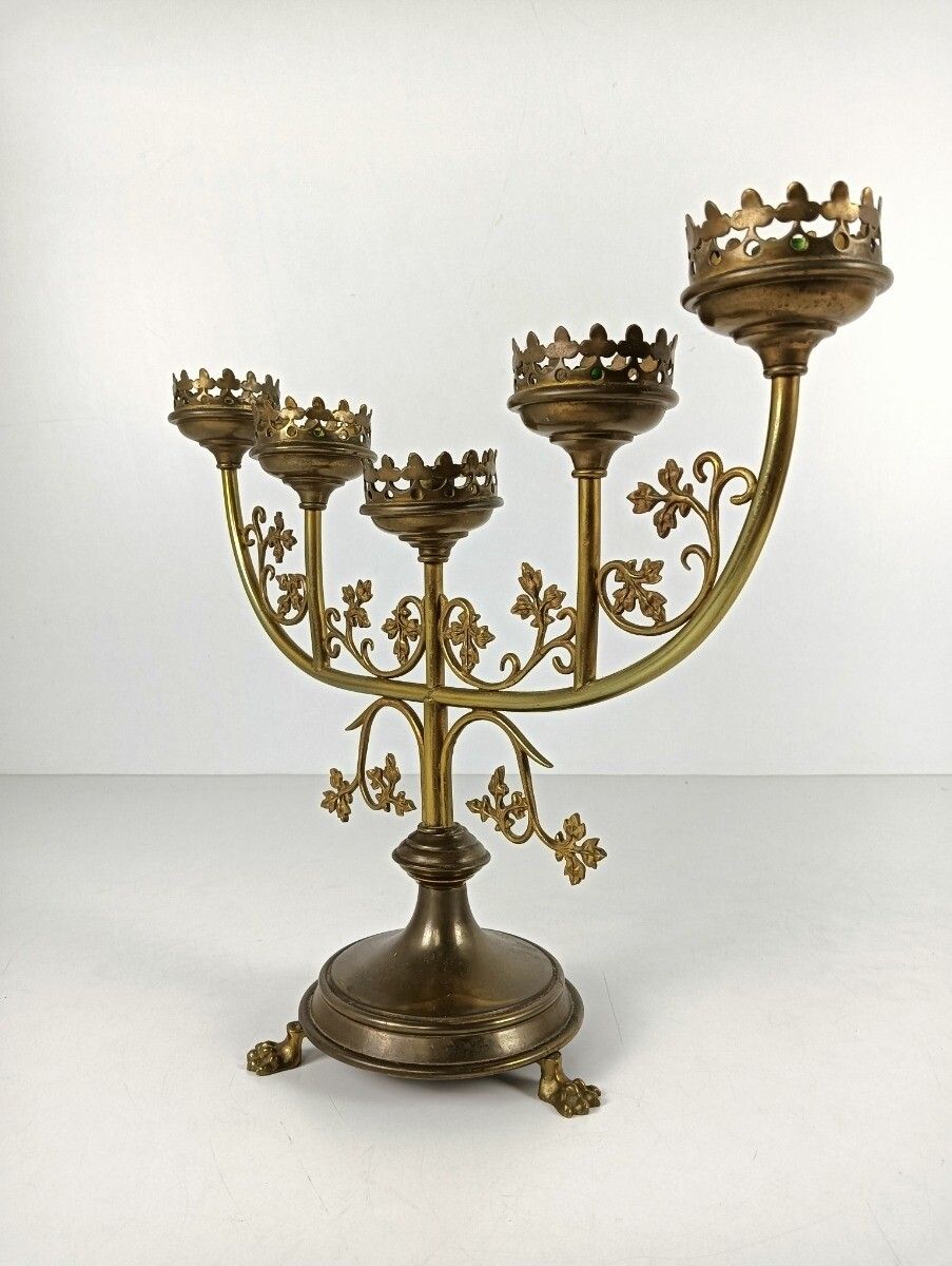 Candle Holder Brass Ornate Hollywood Regency Style Stylish Candelabra 5 Arm Leaf photo buy