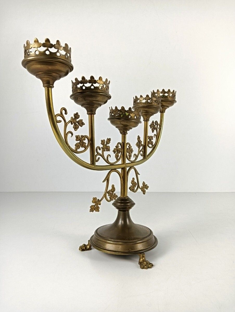 Candle Holder Brass Ornate Hollywood Regency Style Stylish Candelabra 5 Arm Leaf photo vintage