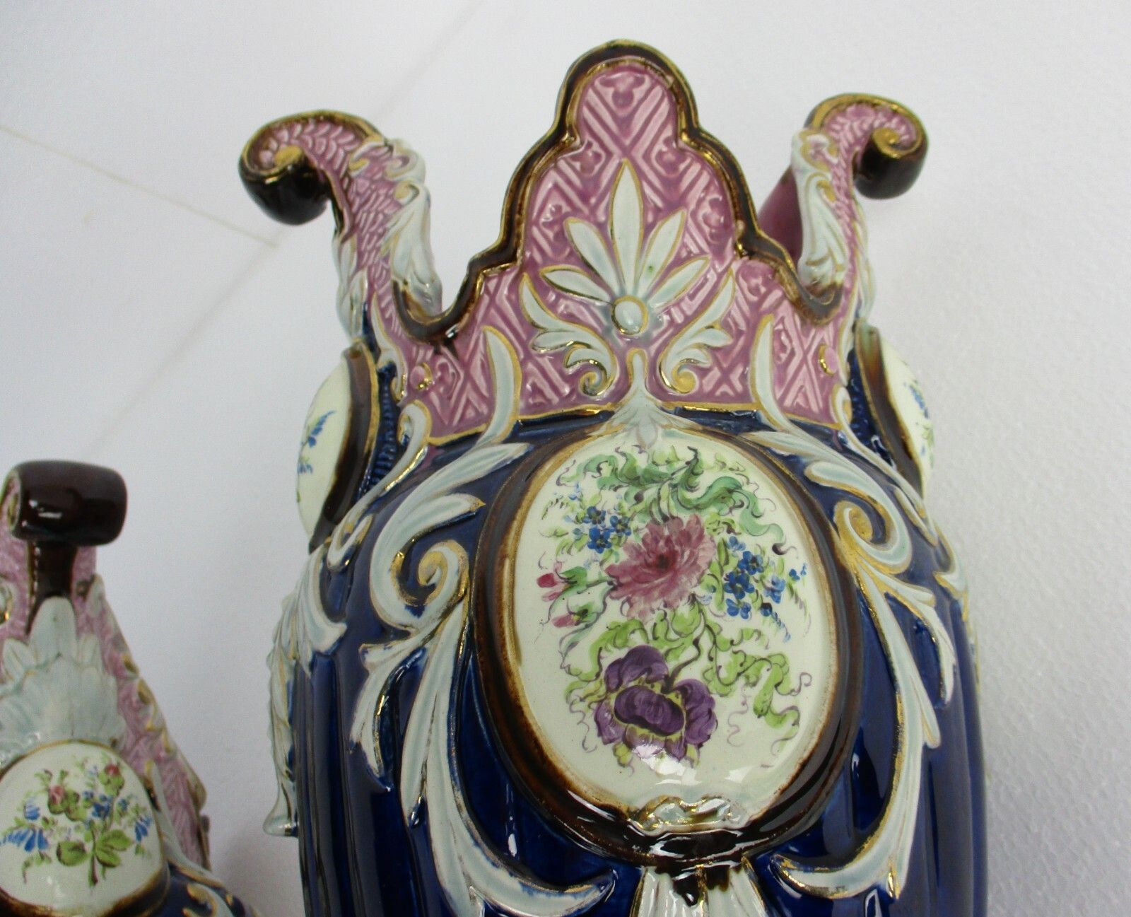 Set Of 3 French Barbotine Majolica Vases Planters Centerpiece  Medallions photo buy