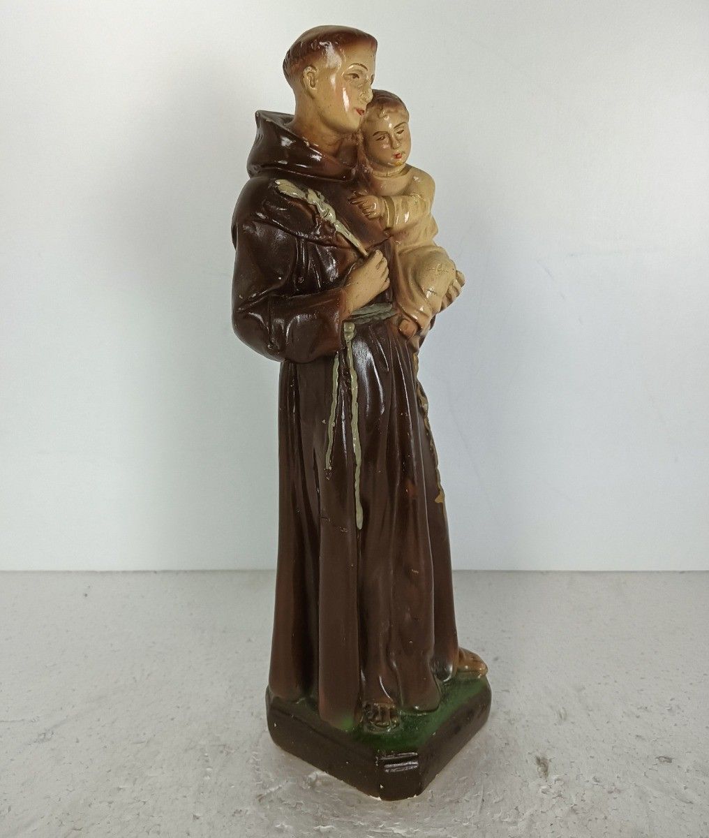 St Anthony Padua Of Lisbon Infant Child Plaster Statue Franciscan Antique Polych photo vintage