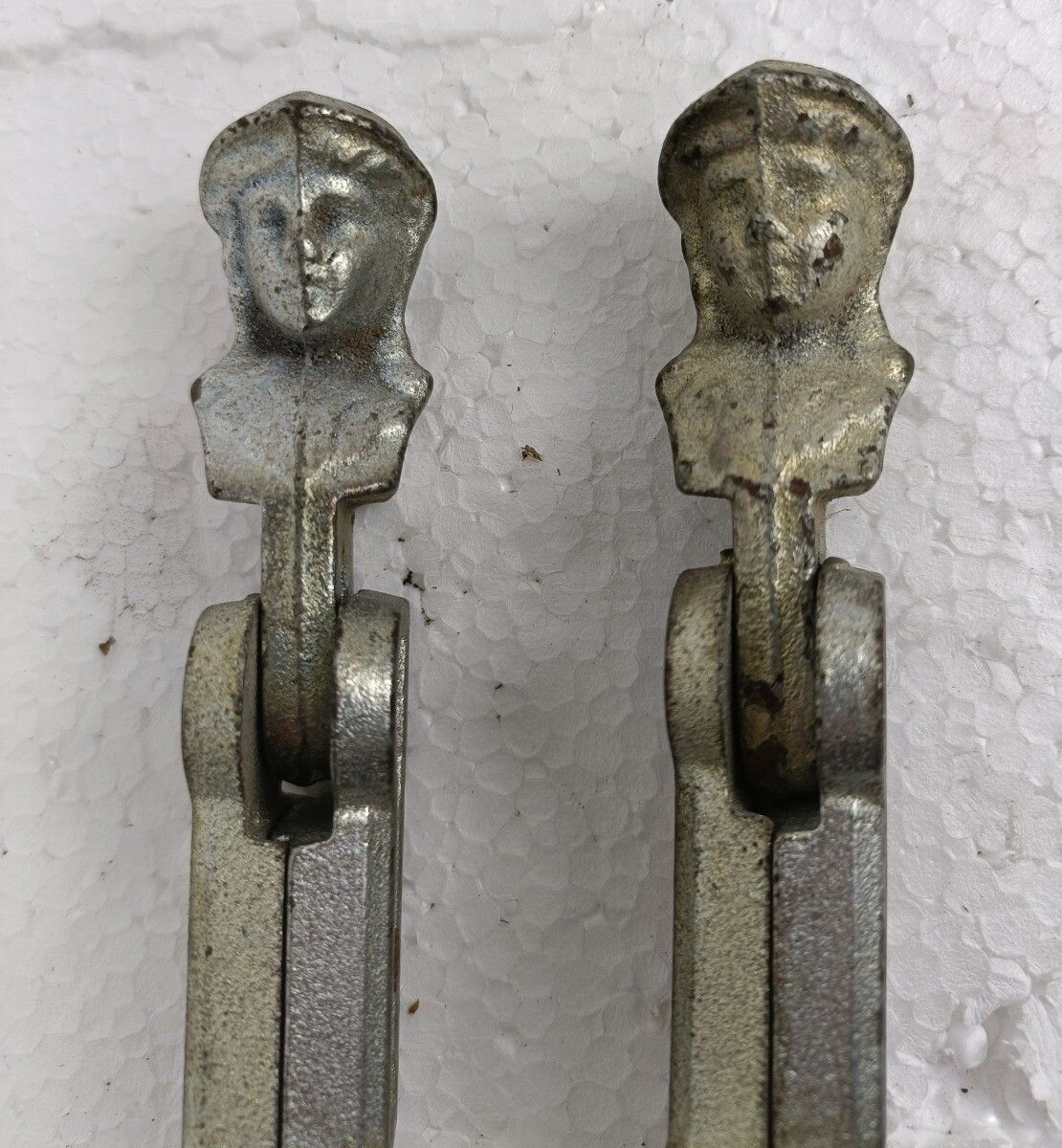Pair Antique Cast Iron Window Shutters Stoppers Figurines Bonhommes French Authe photo vintage