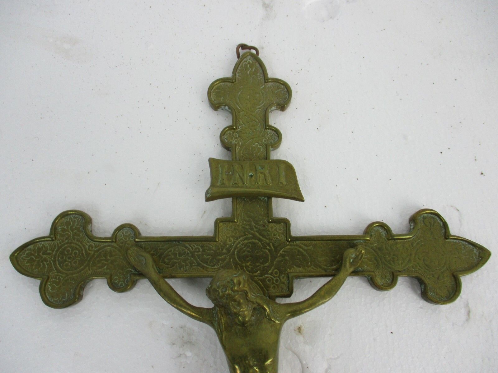 Hanging Wall Crucifix Cross Ornate Brass Jesus Christ French Fleur De Lis Lys photo furniture