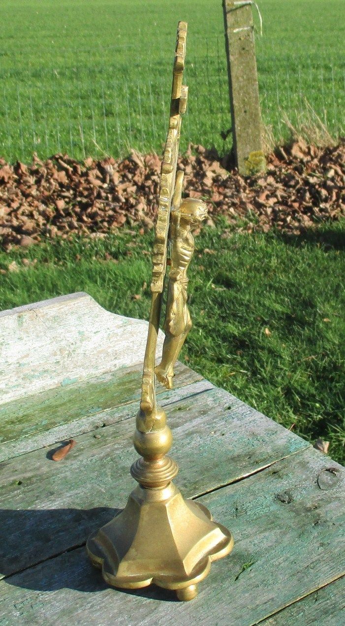 Antique Art Deco Brass Jesus Christ Standing Table  Cross Crucifix  Memento Mori photo for sale