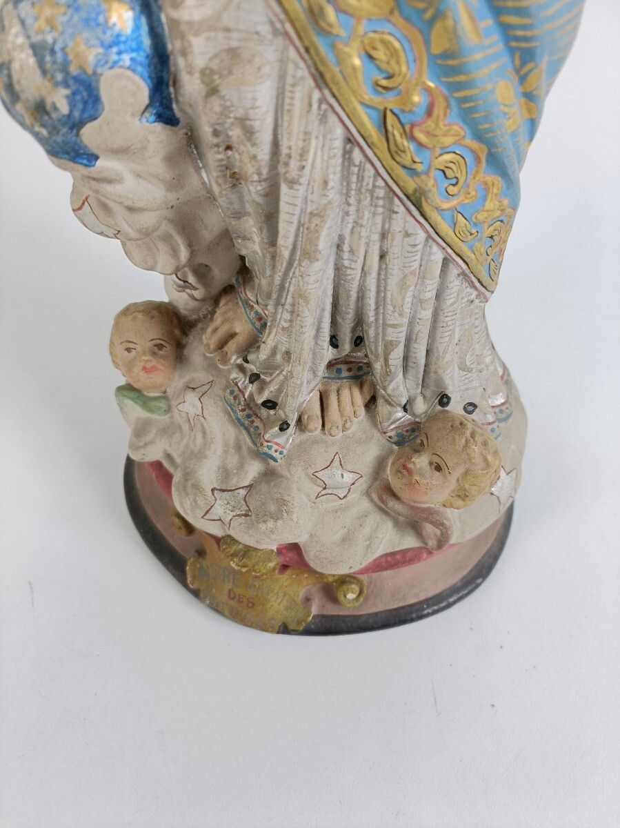 Antique Neo Gothic Statue Plaster Polychrome Our Lady Of Victory With Infant Ang photo for sale