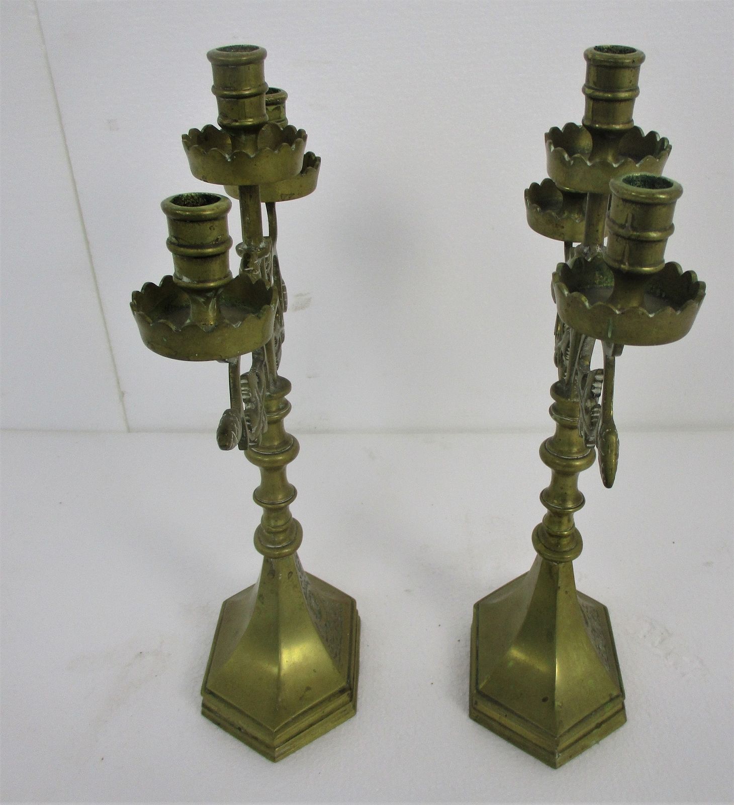 Couple Candle Holders Brass Leafs Ornate Religious Church Candelabra 3 Arm photo 202.0
