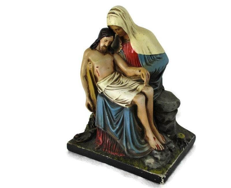 Polychrome Statue Pieta Plaster Jesus Christ Virgin Mary Holy Mother Sculpture V