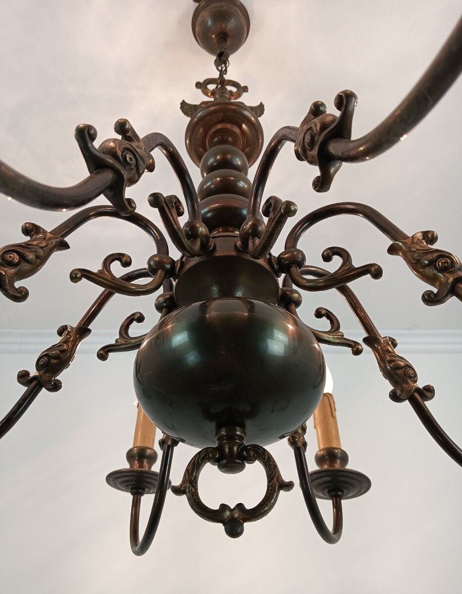 Vintage Chandelier Flemish Dutch Brass  Fish 8 Lights Beautiful Farmhouse Style photo 567.0