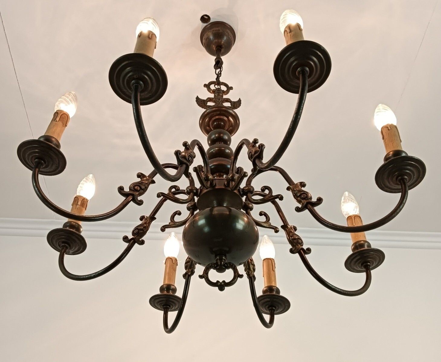 Vintage Chandelier Flemish Dutch Brass  Fish 8 Lights Beautiful Farmhouse Style photo vinterior