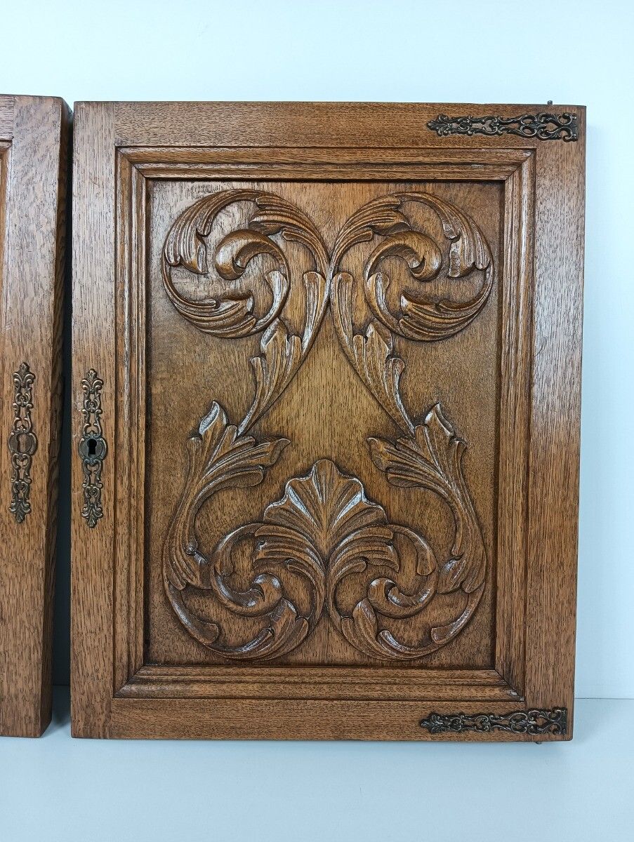 Pair Antique Hand Carved Wood Door Panels Reclaimed Architectural Salvaged photo buy